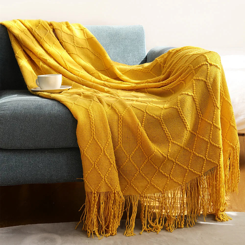 Knitted Blanket with Tassels Chunky Vintage Luxury Farmhouse Throw Bedspread Oversized Blanket Cover Manta Para Sofá