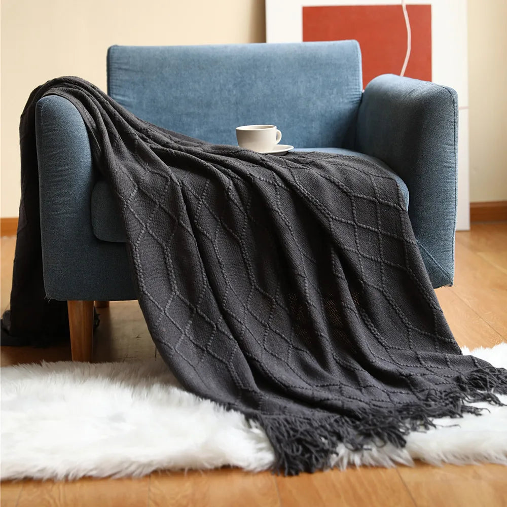 Knitted Blanket with Tassels Chunky Vintage Luxury Farmhouse Throw Bedspread Oversized Blanket Cover Manta Para Sofá