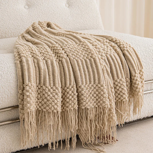 Knitted Blanket with Tassels Chunky Vintage Luxury Farmhouse Throw Bedspread Oversized Blanket Cover Manta Para Sofá