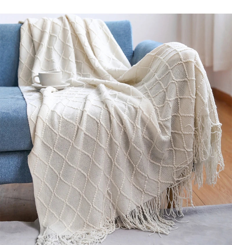 Knitted Blanket with Tassels Chunky Vintage Luxury Farmhouse Throw Bedspread Oversized Blanket Cover Manta Para Sofá