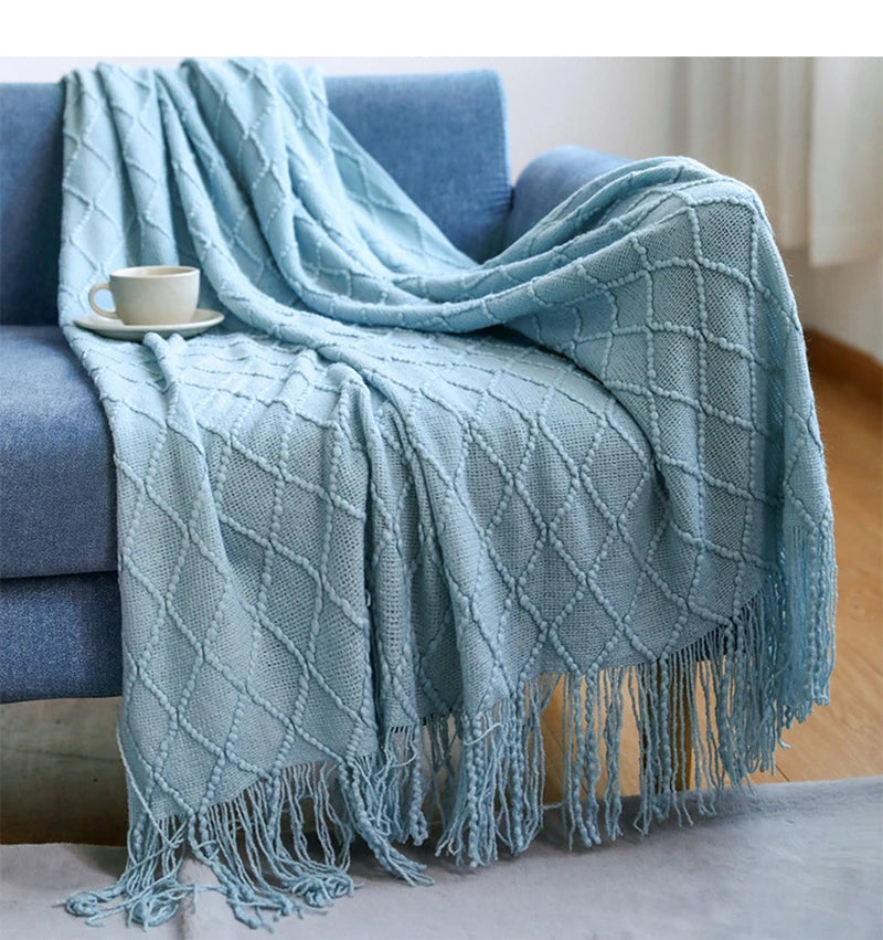 Knitted Blanket with Tassels Chunky Vintage Luxury Farmhouse Throw Bedspread Oversized Blanket Cover Manta Para Sofá