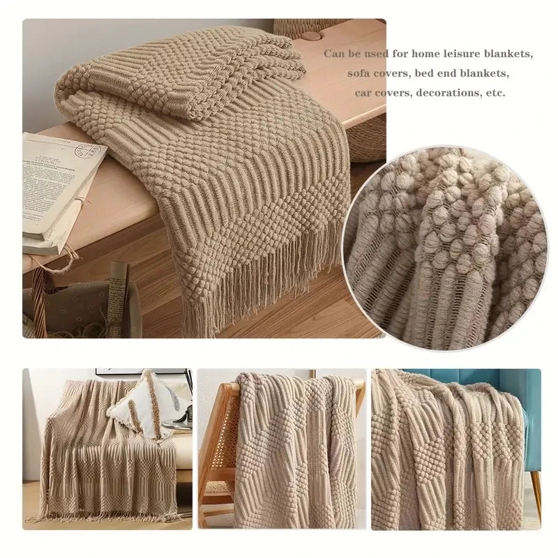 Knitted Blanket with Tassels Chunky Vintage Luxury Farmhouse Throw Bedspread Oversized Blanket Cover Manta Para Sofá