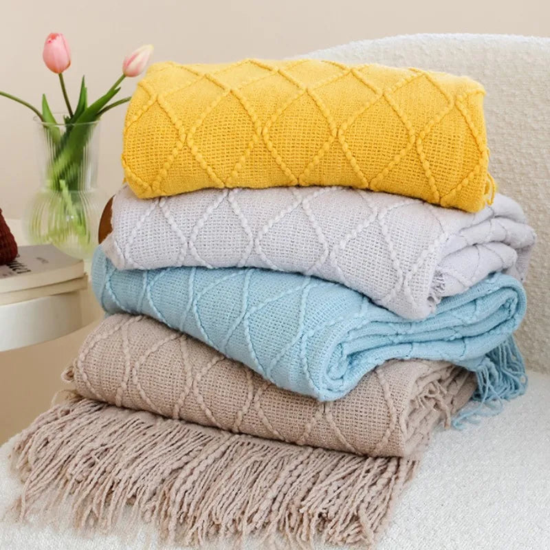 Knitted Blanket with Tassels Chunky Vintage Luxury Farmhouse Throw Bedspread Oversized Blanket Cover Manta Para Sofá