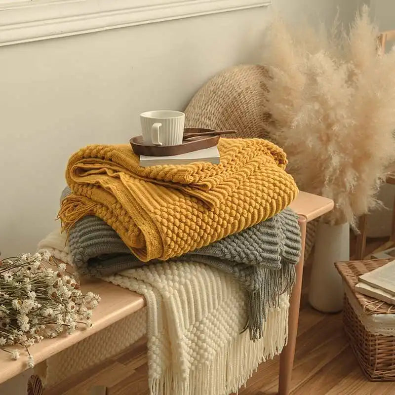 Knitted Blanket with Tassels Chunky Vintage Luxury Farmhouse Throw Bedspread Oversized Blanket Cover Manta Para Sofá