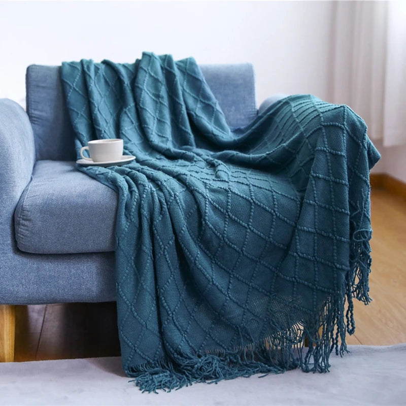 Knitted Blanket with Tassels Chunky Vintage Luxury Farmhouse Throw Bedspread Oversized Blanket Cover Manta Para Sofá