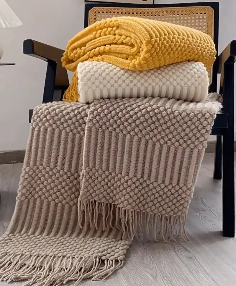 Knitted Blanket with Tassels Chunky Vintage Luxury Farmhouse Throw Bedspread Oversized Blanket Cover Manta Para Sofá