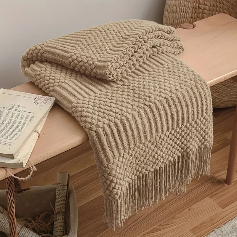 Knitted Blanket with Tassels Chunky Vintage Luxury Farmhouse Throw Bedspread Oversized Blanket Cover Manta Para Sofá