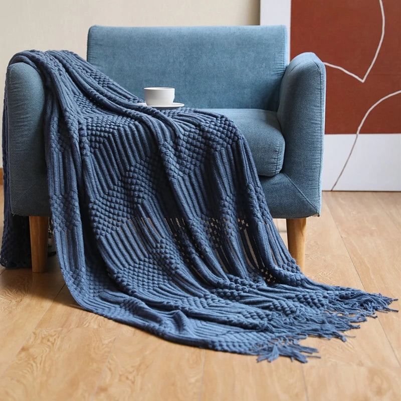 Knitted Blanket with Tassels Chunky Vintage Luxury Farmhouse Throw Bedspread Oversized Blanket Cover Manta Para Sofá