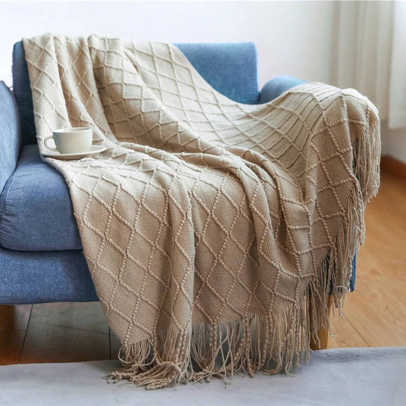 Knitted Blanket with Tassels Chunky Vintage Luxury Farmhouse Throw Bedspread Oversized Blanket Cover Manta Para Sofá