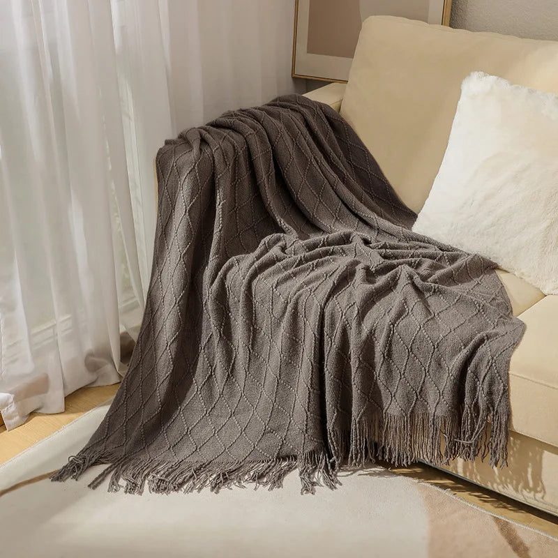 Knitted Blanket with Tassels Chunky Vintage Luxury Farmhouse Throw Bedspread Oversized Blanket Cover Manta Para Sofá