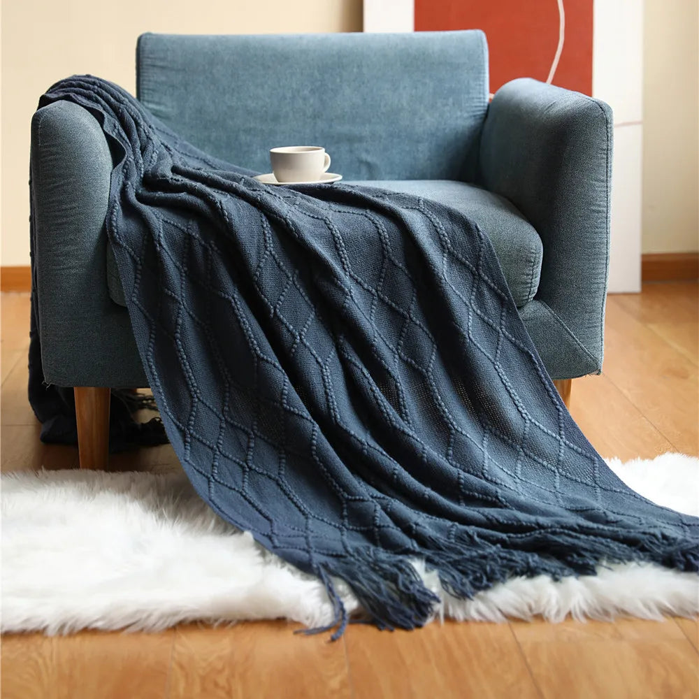 Knitted Blanket with Tassels Chunky Vintage Luxury Farmhouse Throw Bedspread Oversized Blanket Cover Manta Para Sofá