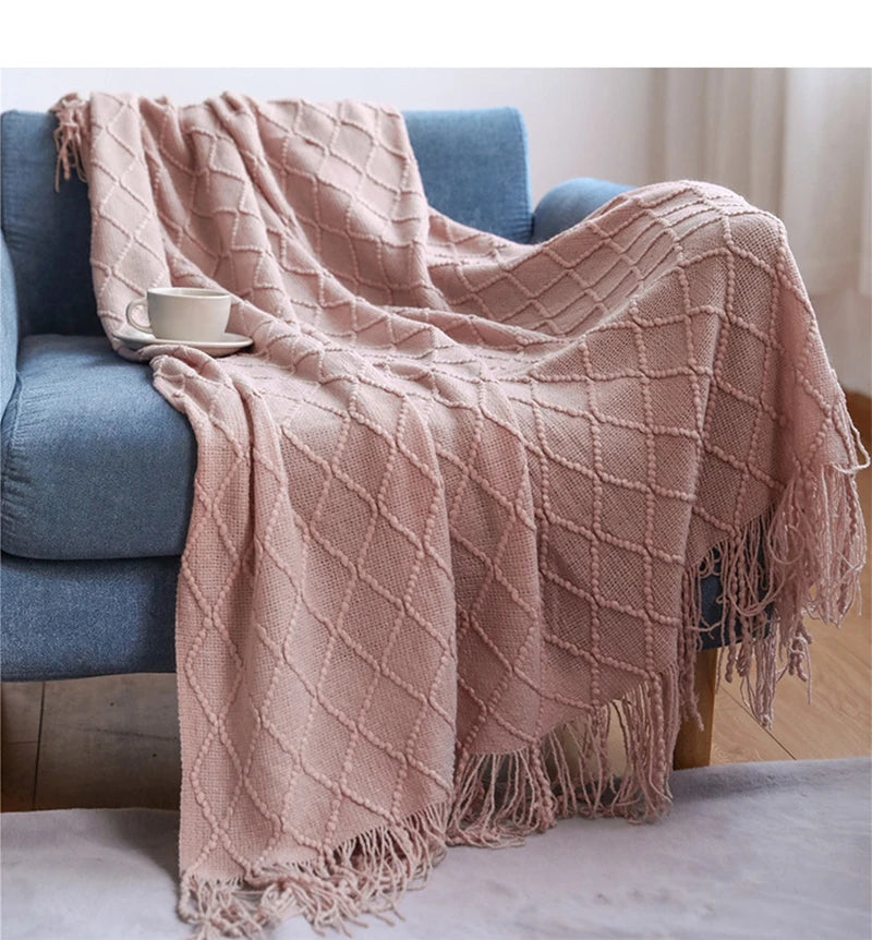 Knitted Blanket with Tassels Chunky Vintage Luxury Farmhouse Throw Bedspread Oversized Blanket Cover Manta Para Sofá