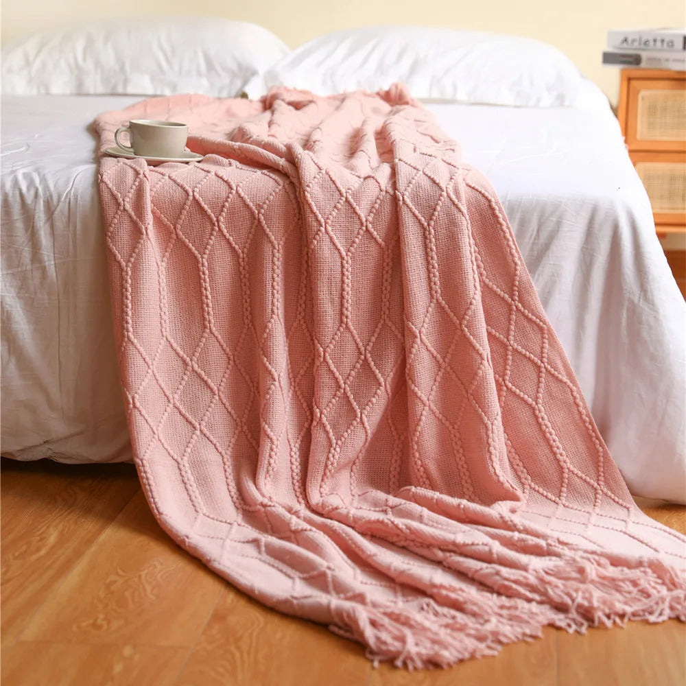 Knitted Blanket with Tassels Chunky Vintage Luxury Farmhouse Throw Bedspread Oversized Blanket Cover Manta Para Sofá