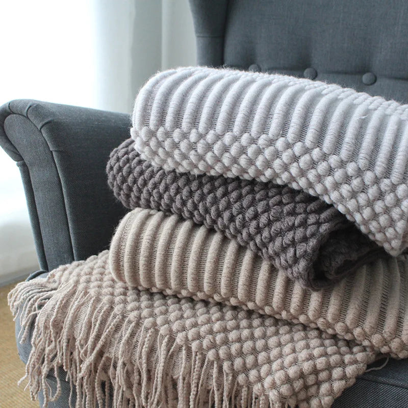 Knitted Blanket with Tassels Chunky Vintage Luxury Farmhouse Throw Bedspread Oversized Blanket Cover Manta Para Sofá