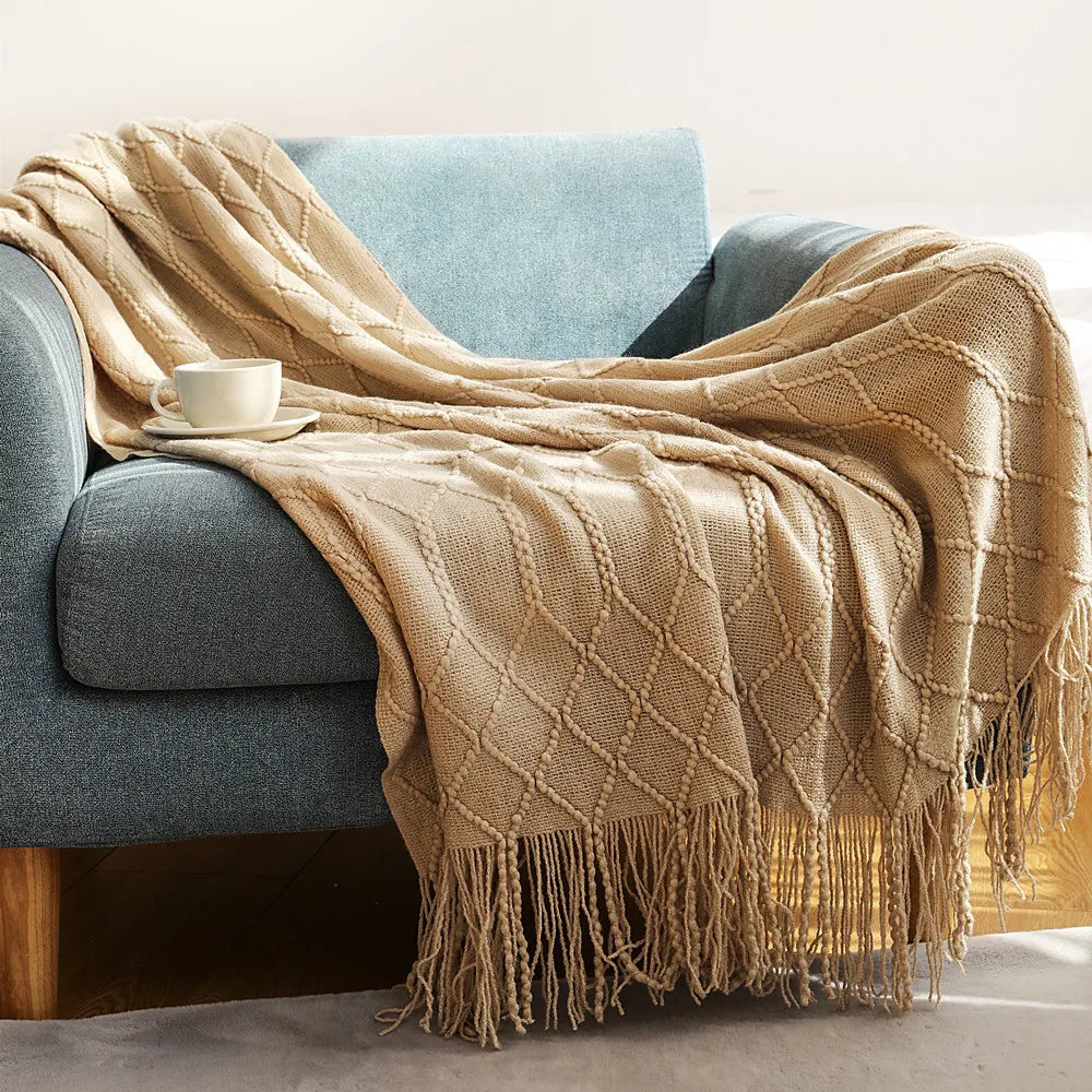 Knitted Blanket with Tassels Chunky Vintage Luxury Farmhouse Throw Bedspread Oversized Blanket Cover Manta Para Sofá