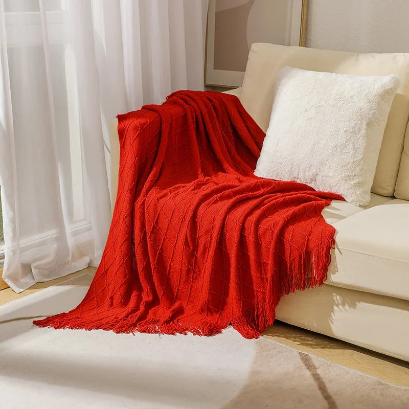 Knitted Blanket with Tassels Chunky Vintage Luxury Farmhouse Throw Bedspread Oversized Blanket Cover Manta Para Sofá